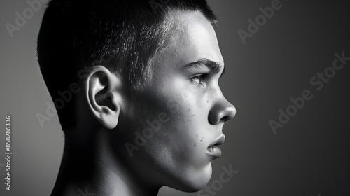 Pensive Young Man with Serious Expression in Dramatic Black and White Portrait © pkproject
