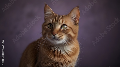 Brown cat against vibrant light purple background.
