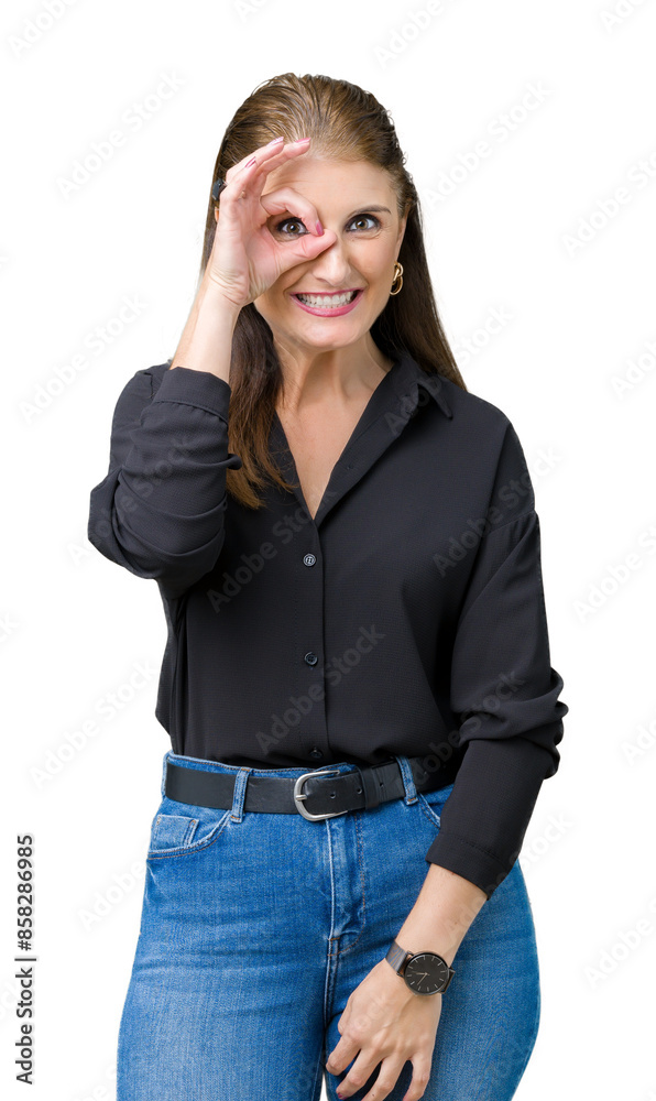 Beautiful middle age mature business woman over isolated background doing ok gesture with hand smiling, eye looking through fingers with happy face. Beautiful middle age mature business woman over isolated background doing ok gesture with hand smiling, eye looking through fingers with happy face.
