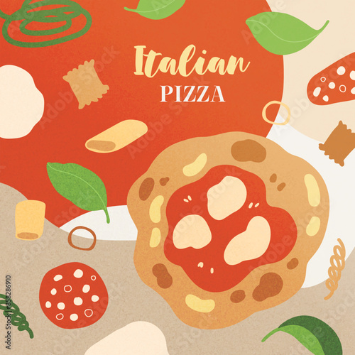 Vector hand painted trandy traditional Italian cuisine: pizza, lasagna pasta illustration Cute flat simple hand drawn icon template for menu posters and social media banners