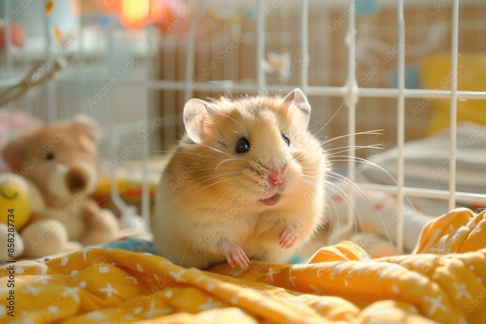 A child's bedroom with a hamster running on a wheel inside its cage The child watches with excitement highlighting the educational and entertaining aspects of pet ownership A child's bedroom with a hamster running on a wheel inside its cage The child watches with excitement highlighting the educational and entertaining aspects of pet ownership