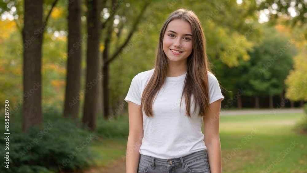 Teenage girl wearing white t-shirt and grey jeans standing in nature Teenage girl wearing white t-shirt and grey jeans standing in nature