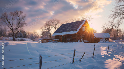 Solar panels installed on the roof of a country house in winter