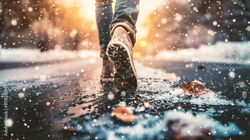 Close-up of a man's foot walking through the snow. © Jioo7