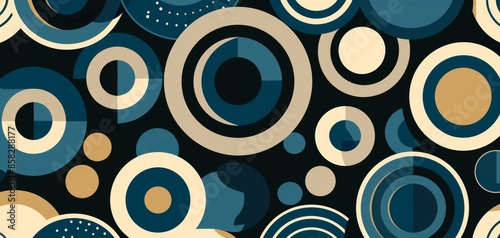 Featuring blue, beige, and white circles in a retro style on a dark background, this abstract geometric pattern exemplifies a minimalist Scandinavian flat design.