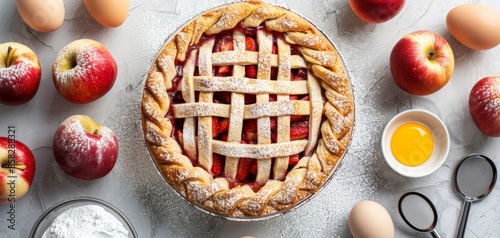 Featuring a homemade apple pie with surrounding ingredients and baking tools on a white background, this image offers a delightful and appetizing visual for culinary presentations.