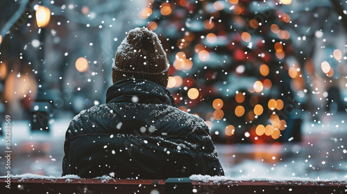 A man sits on a bench and looks at a Christmas tree in the snow