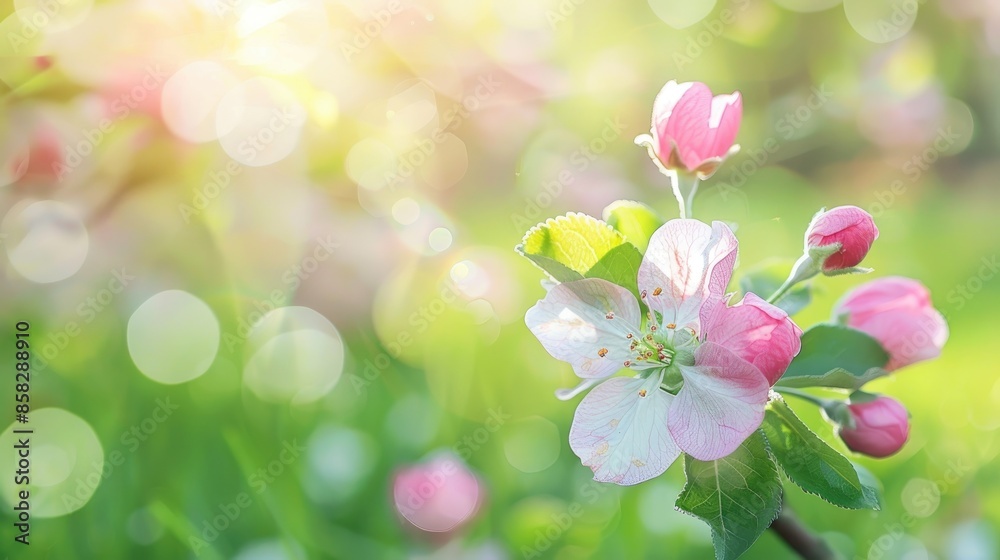 Apple blossom in spring garden with blurred green grass backdrop Apple blossom in spring garden with blurred green grass backdrop