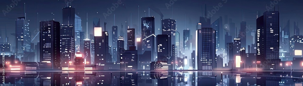 Futuristic city skyline at night with glowing lights, tall skyscrapers ...