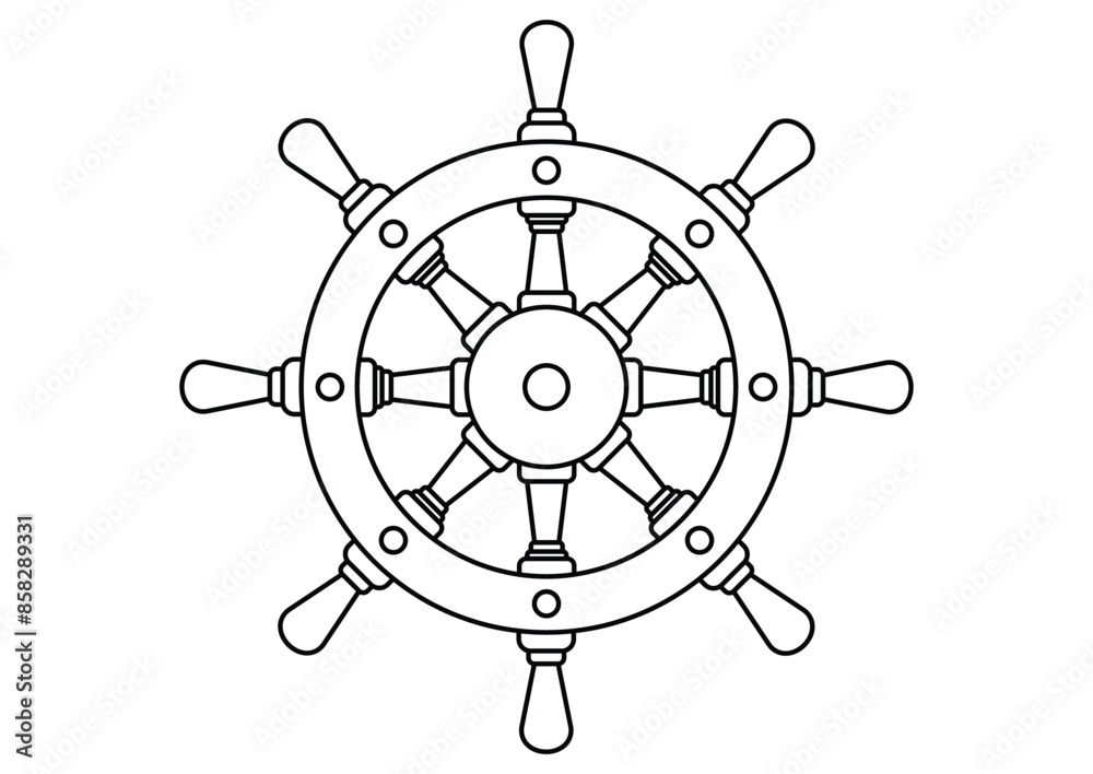 Obraz premium Black and White Ship Steering Vector Flat Designs, Ideal for Coloring Pages, Isolated on White Background