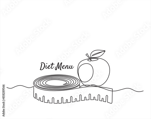 Continuous one line drawing of Measure tape and apple. Diet menu. Healthy eating and dieting, line art concept.