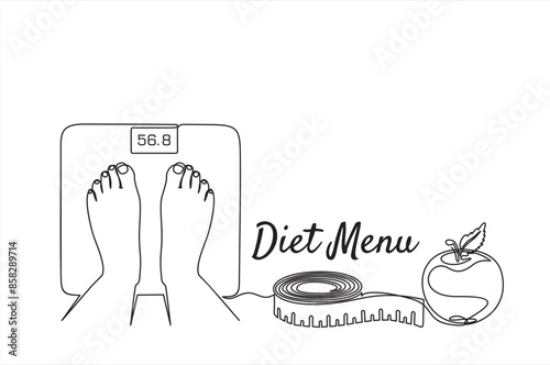 Continuous one line drawing of Measure tape, weighing scale and apple. Diet menu. Healthy eating and dieting, line art concept.