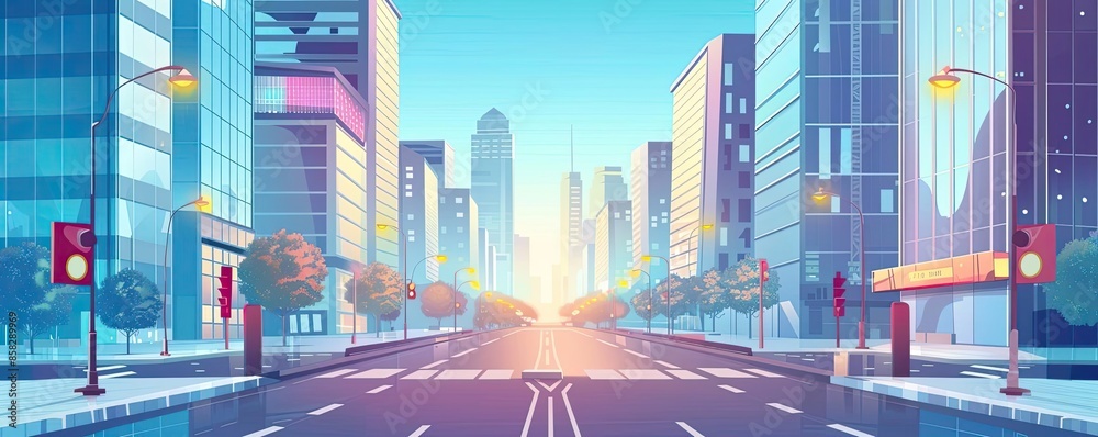 Scenic view of a modern city at sunrise with empty streets, high-rise buildings, and a peaceful atmosphere in a vibrant urban landscape. Scenic view of a modern city at sunrise with empty streets, high-rise buildings, and a peaceful atmosphere in a vibrant urban landscape.