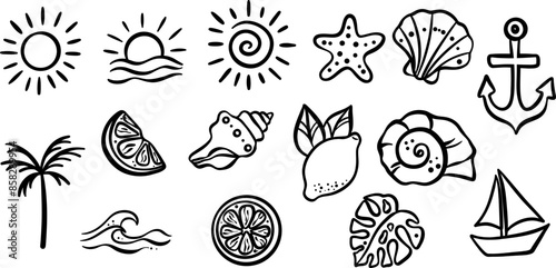 Summer illustration graphic elements, hand drawn doodles, icon or sticker set line art