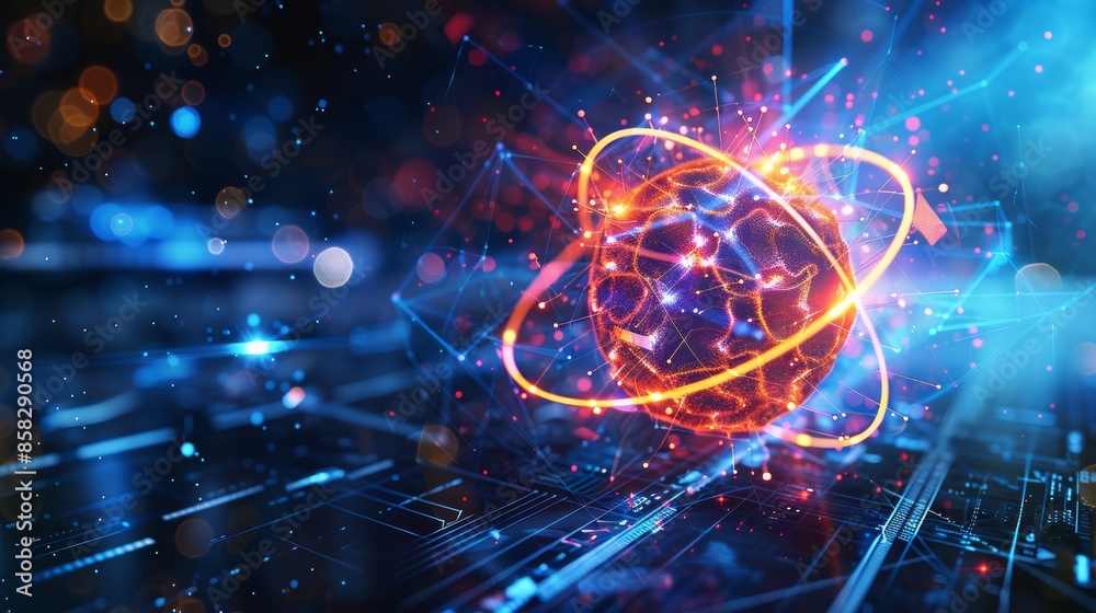 A digital illustration of an atom with orbiting electrons, showcasing the fundamental structure of elements, set against a futuristic background. A digital illustration of an atom with orbiting electrons, showcasing the fundamental structure of elements, set against a futuristic background.