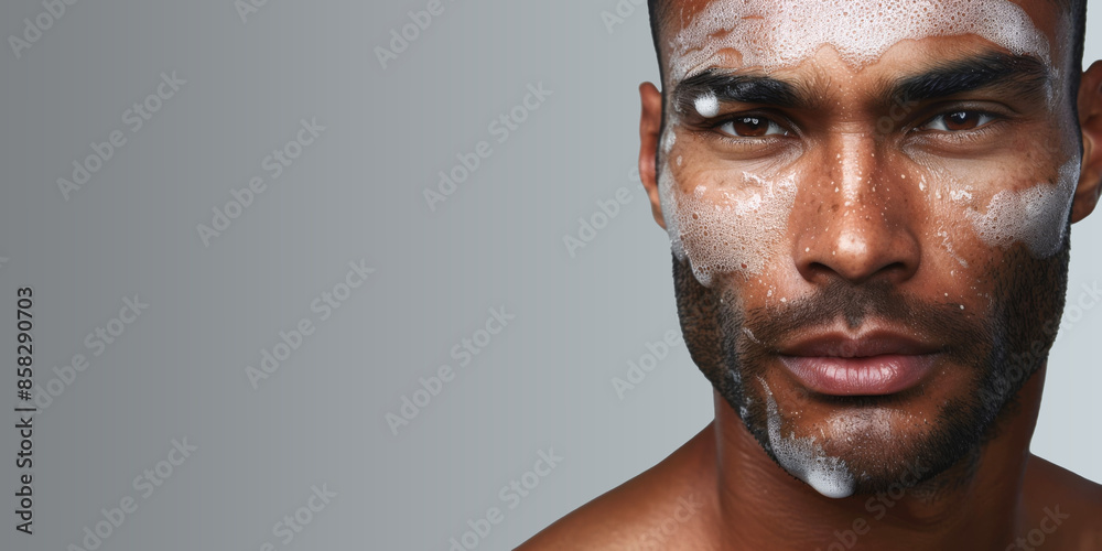Close-up portrait of a handsome Latin american man with cleansing foam Close-up portrait of a handsome Latin american man with cleansing foam