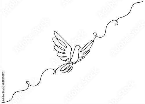 Continuous one line drawing of flying pigeon or gove. Bird symbol of peace and freedom in simple linear style. Concept for logo, card, banner, poster photo