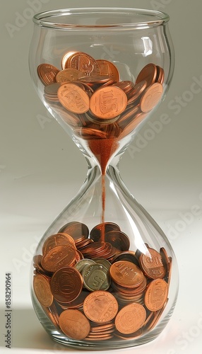 A beautiful glass hourglass filled with shiny coppercolored coins photo