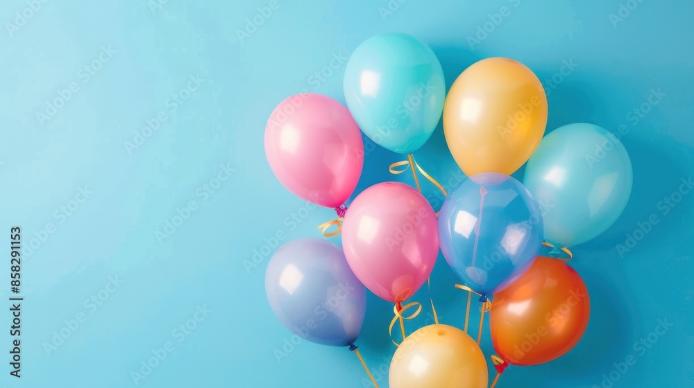A bunch of colorful balloons on a blue background. Generate AI image A bunch of colorful balloons on a blue background. Generate AI image