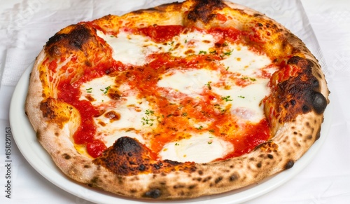 Neapolitan Margherita pizza served on a white plate