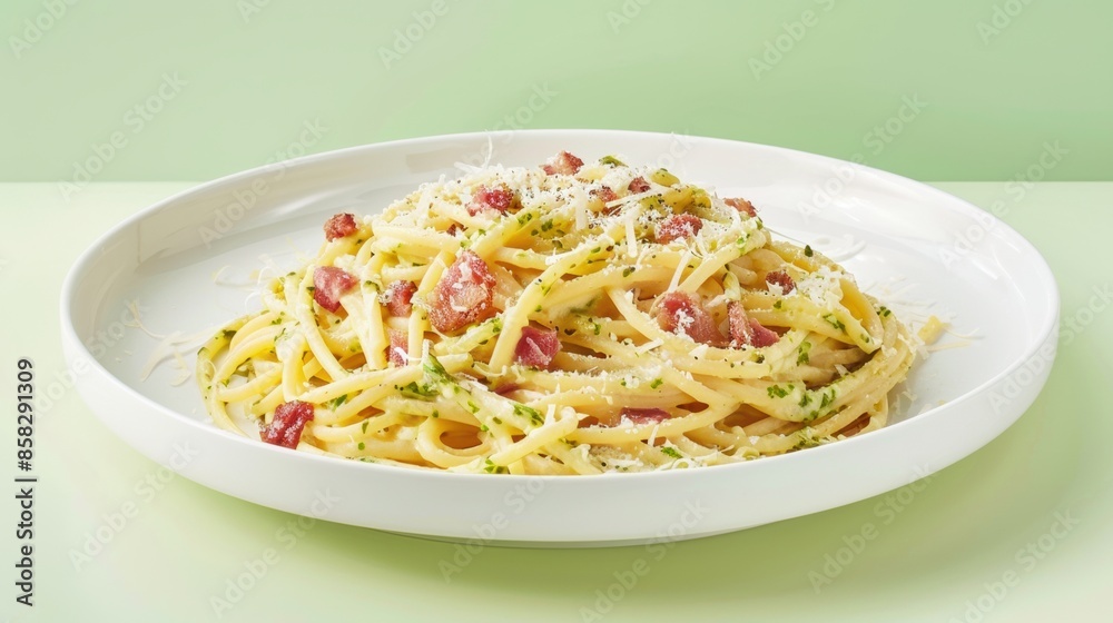 Plate of Spaghetti alla carbonara pasta on light background Plate of Spaghetti alla carbonara pasta on light background