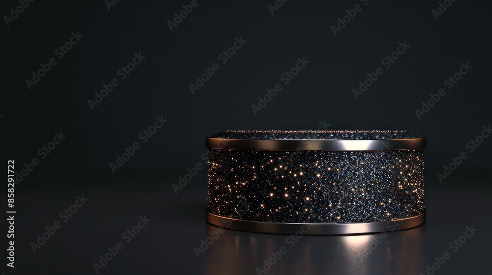 A modern, luxurious, cylindrical object with a textured surface and twinkling lights, placed in a dark environment, showcasing an elegant and minimalist design style. A modern, luxurious, cylindrical object with a textured surface and twinkling lights, placed in a dark environment, showcasing an elegant and minimalist design style.
