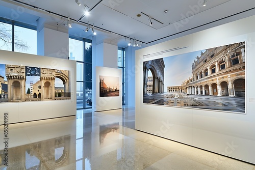 An exhibit in a modern gallery featuring a series of large format photographs that capture the architectural beauty of various historical buildings. 