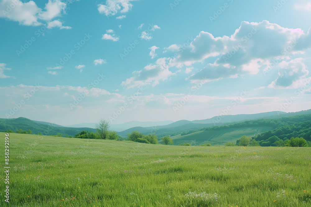 Summer alpine grasslands with blue sky and white cloud background