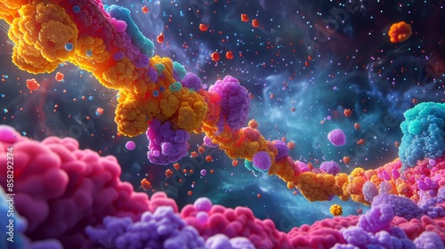 An artistic representation of an enzyme in action, showing substrate binding and catalysis, with colorful accents to emphasize the dynamic nature of enzymatic reactions. photo