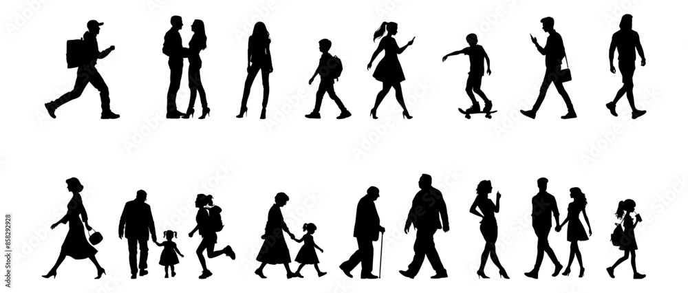Vector illustration. Large set of black silhouettes of people. People are walking.