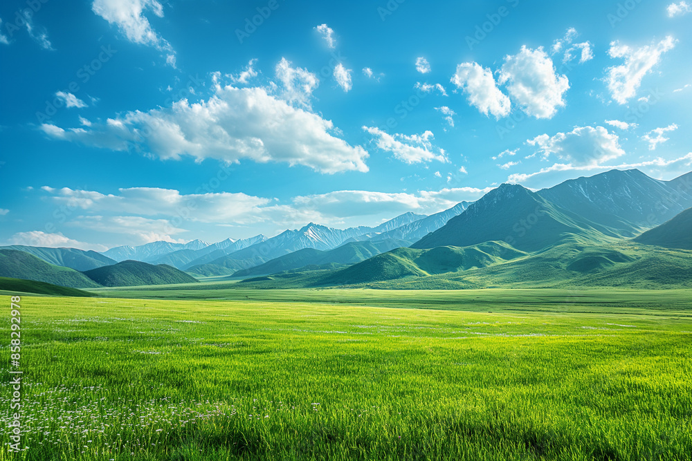 Summer alpine grasslands with blue sky and white cloud background Summer alpine grasslands with blue sky and white cloud background
