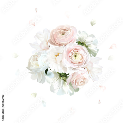 Dusty pink rose, blush ranunculus, white magnolia, peony vector design mono flowers bouquet. Flying petals. Wedding floral. Summer blooms watercolor composition. All elements are isolated and editable