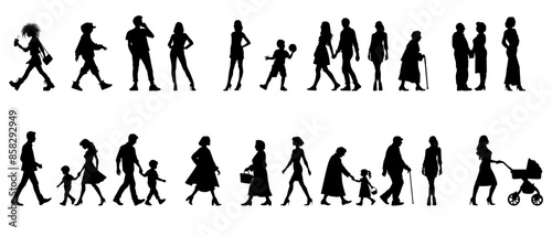 Vector illustration. Large set of black silhouettes of people. People are walking.