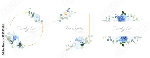 Dusty blue flowers and eucalyptus vector frames. Hand painted branches, rose, hydrangea on white backgrounds. Greenery wedding invitations. Watercolor cards. All elements are isolated and editable