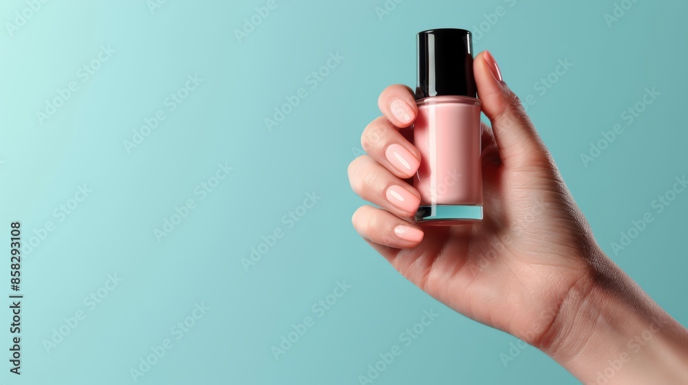 Close up of girl hands holding bottle of nail polishes on a pastel blue background Close up of girl hands holding bottle of nail polishes on a pastel blue background