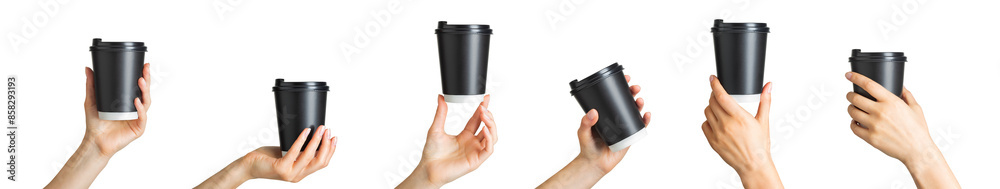 Woman hand holding coffee paper drinking cup Woman hand holding coffee paper drinking cup