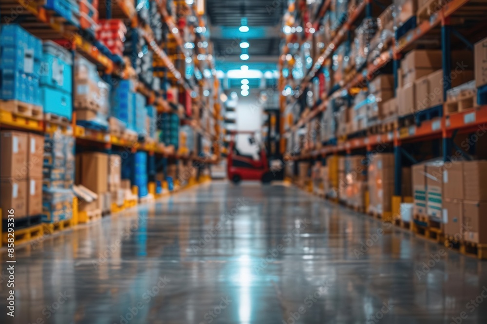 Retail warehouse scene shelves stocked with cartons pallets and forklifts blurred background logistics and transportation Retail warehouse scene shelves stocked with cartons pallets and forklifts blurred background logistics and transportation