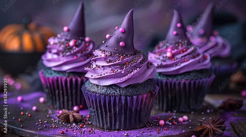 black and purple cupcakes or muffins with a Halloween theme. witch hat design. black and purple cupcakes or muffins with a Halloween theme. witch hat design.