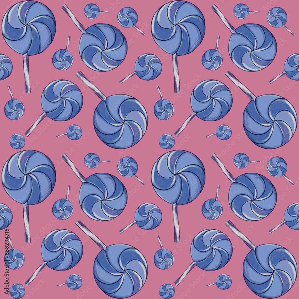 Seamless pink pattern with blue lollipop, great for piecing on textiles and paper