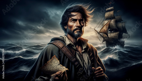 Historic Sea Voyages: Early European Explorer Battling the Stormy Seas.