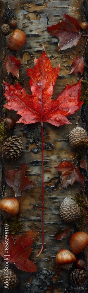 Red leaf on a tree trunk surrounded by nuts Red leaf on a tree trunk surrounded by nuts