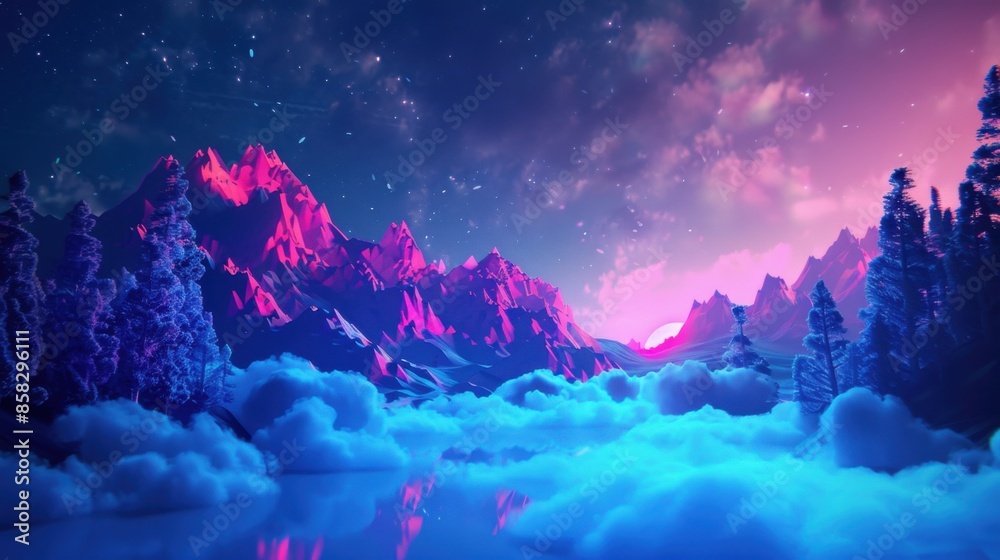 Fototapeta premium Low Poly Night Adventure: Neon Pastel Mountains and Forest under Three-Dimensional Sky