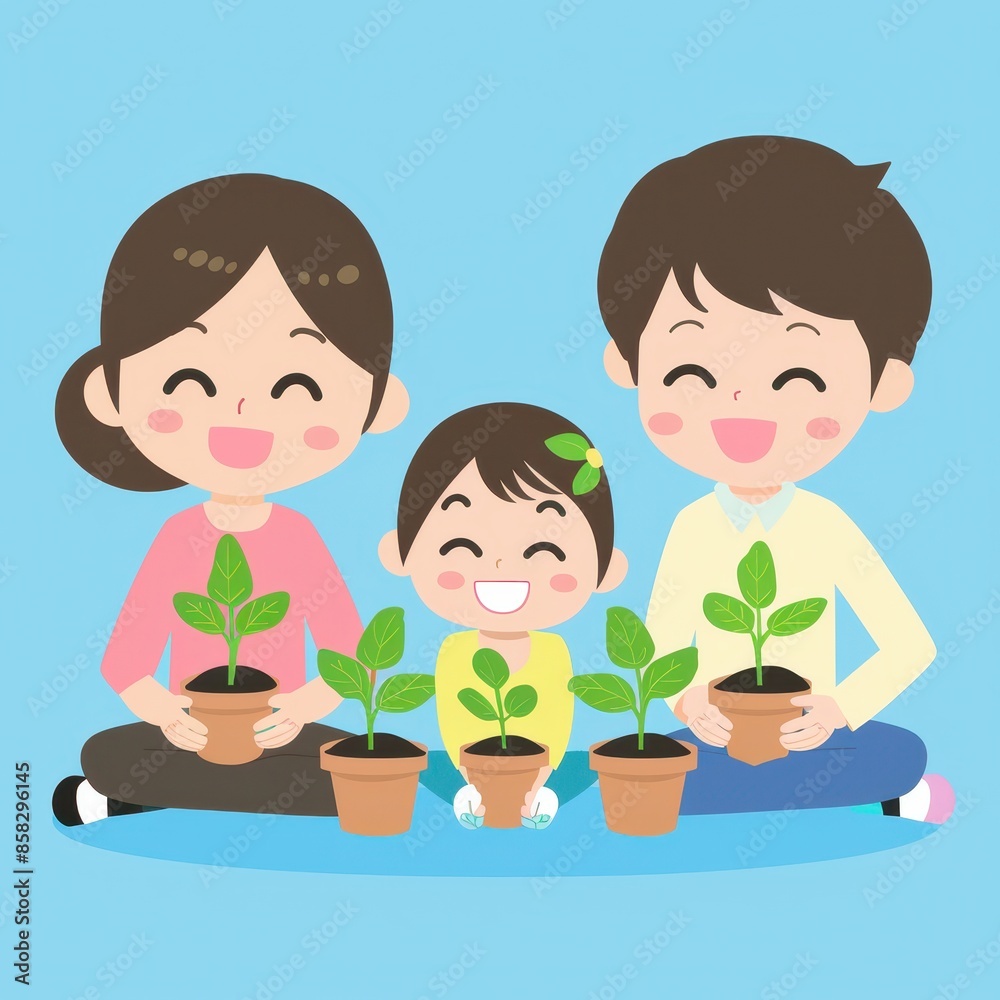 Happy family gardening together with young plants in pots. Parents and child enjoying quality time nurturing growth. Illustration. Happy family gardening together with young plants in pots. Parents and child enjoying quality time nurturing growth. Illustration.
