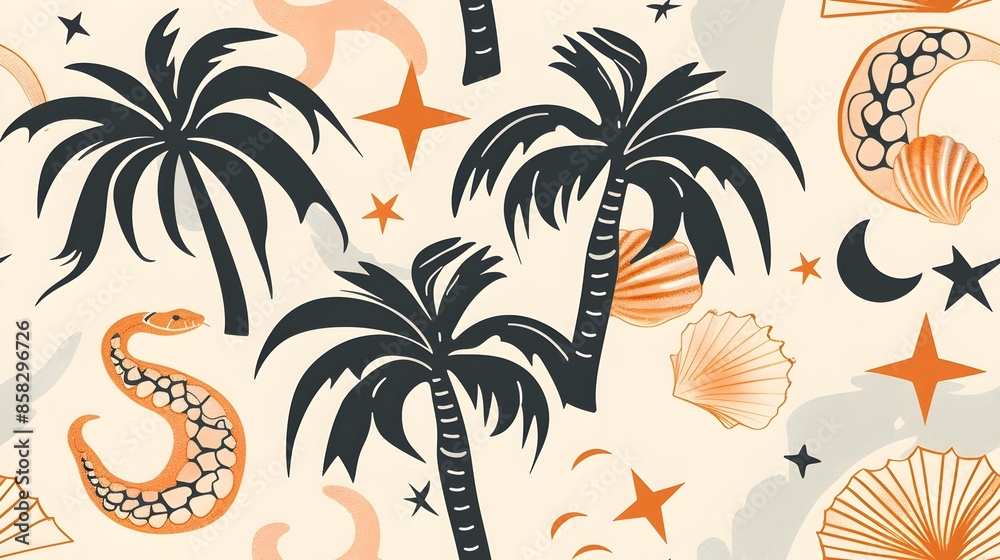 Tropical Beach Landscape with Palm Trees and Seashells at Sunset Tropical Beach Landscape with Palm Trees and Seashells at Sunset