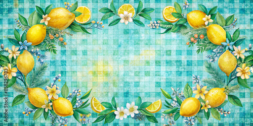 Bright lemons and slices decorated with delicate white flowers and green foliage against a textured turquoise background with a checkered pattern.Symmetrical design forms a border,with copy space.AI