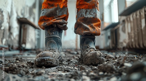 This image shows the close-up of a construction worker's muddy boots amidst the rubble of a demolished building, symbolizing hard work and resilience. photo