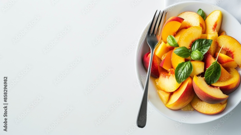 Fresh and Colorful Peach Salad Ready to Serve with Fork and Spoon - Stock Photo Fresh and Colorful Peach Salad Ready to Serve with Fork and Spoon - Stock Photo