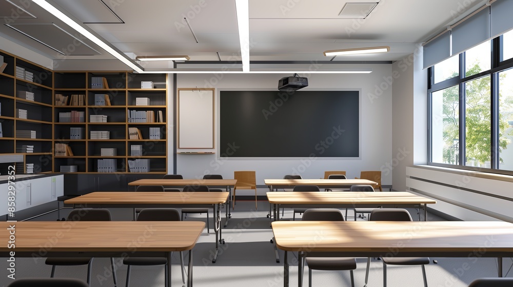 Modern classroom with grey walls, wooden desks, and large windows, showcasing a bright and clean educational setting Modern classroom with grey walls, wooden desks, and large windows, showcasing a bright and clean educational setting