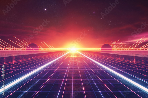 Neon-colored lines grid runway disappeared in the distance technology background photo