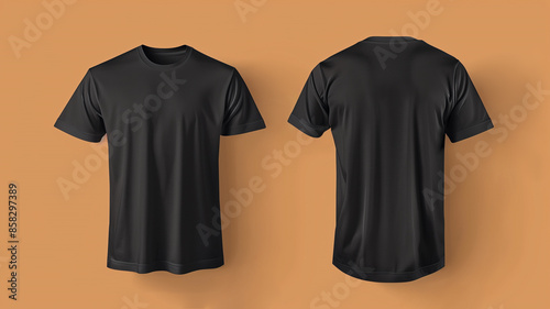 Mockup Front and back view of a plain black t-shirt on a peach background, showcasing simple and minimalistic clothing design © milosducati